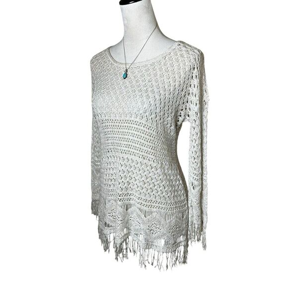 Y2K Boho Crochet Open Knit Fringe Top Medium Hippie Fairy Woodsy Beach Festival - Picture 4 of 7